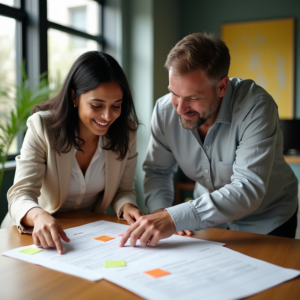 Doi colegi discutând materiale de curs în jurul unei mese de lucru